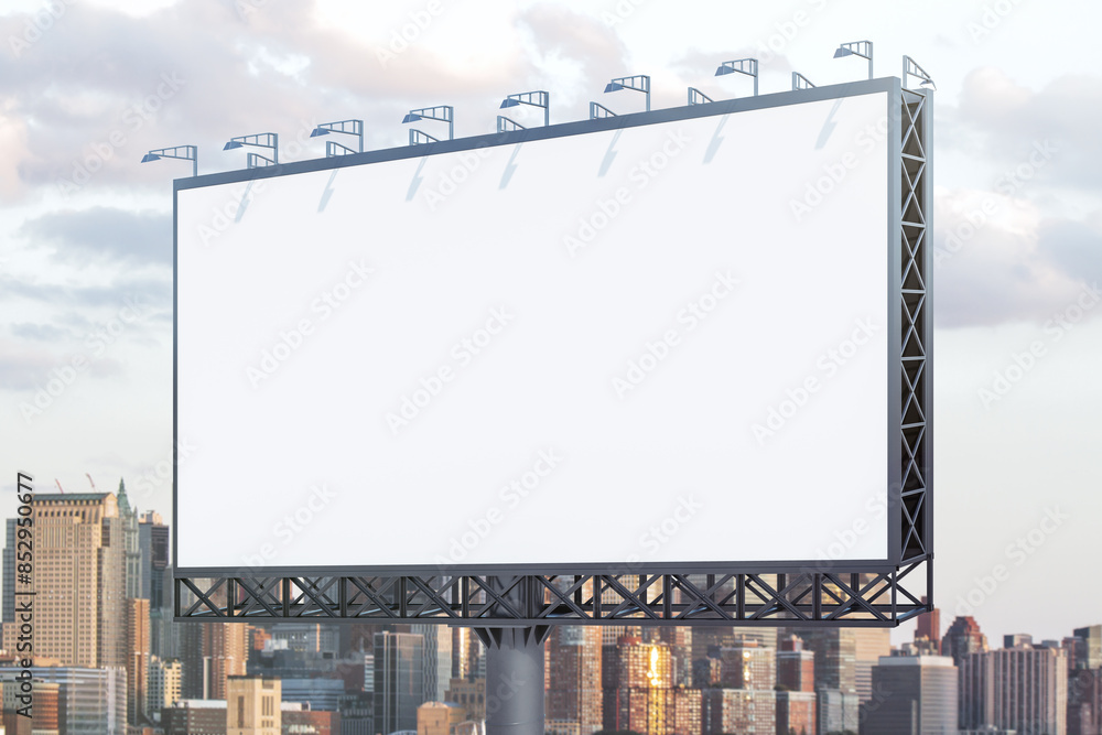 Blank white horizontal billboard on cityscape background at daytime, perspective view. Mockup, advertising concept Blank white horizontal billboard on cityscape background at daytime, perspective view. Mockup, advertising concept