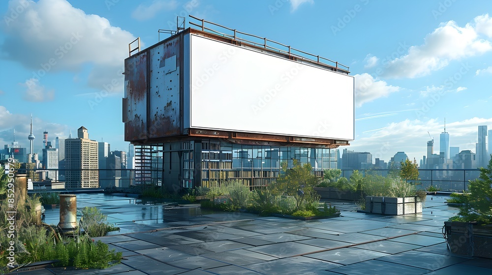 A White Billboard Near an Elevated Rooftop Library in the Urban City Landscape A White Billboard Near an Elevated Rooftop Library in the Urban City Landscape