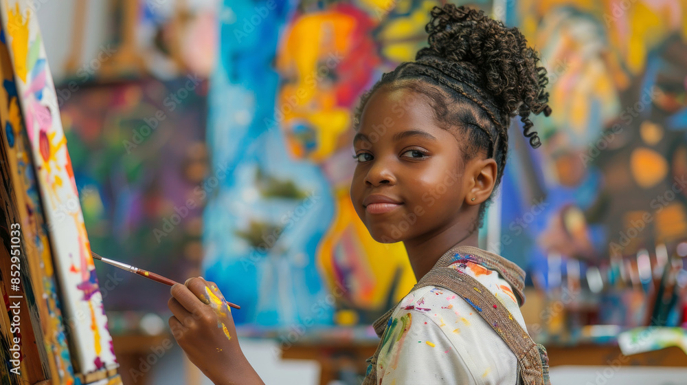 Obraz premium a Black girl painting in art class