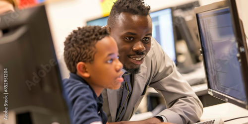 a Black teacher helping a student with a computer project