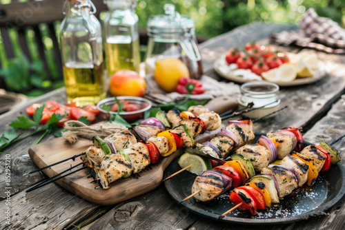 Grilled chicken and vegetable skewers on a rustic table, surrounded by fresh ingredients and condiments. photo
