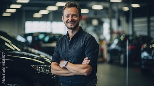 smiling Caucasian auto mechanic in uniform in a car repair and painting shop smilingly looks at the camera.