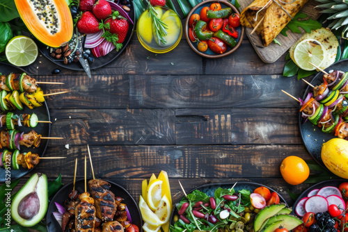 Assorted grilled skewers and fresh salads arranged on a rustic wooden table, creating a colorful and appetizing spread. photo