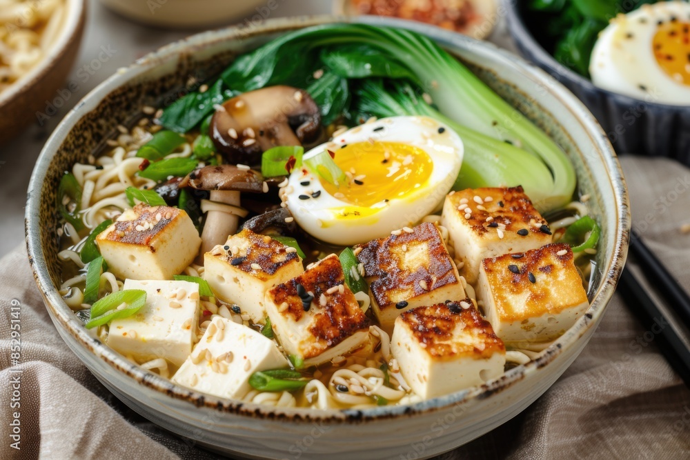 Vegan ramen with tofu egg and bok choy in bowl Vegan ramen with tofu egg and bok choy in bowl