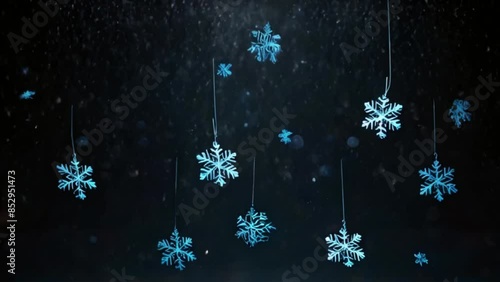 Black background with snowflakes hanging and floating photo