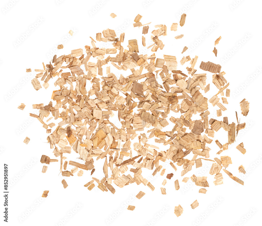Wooden chips isolated on white background. small wood chips for smoking. sawdust texture. ecological fue Wooden chips isolated on white background. small wood chips for smoking. sawdust texture. ecological fue