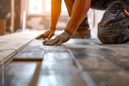 Installing parquet in bright home, closeup of hands with tools, concept of home improvement