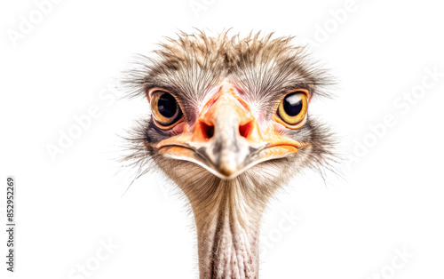 A close up of an ostrich's face with its beak open.