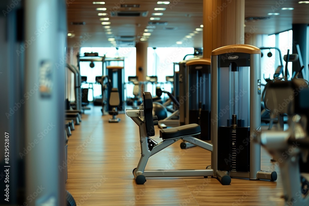 Fully equipped gym interior with bodybuilding machines and fitness equipment for effective workouts Fully equipped gym interior with bodybuilding machines and fitness equipment for effective workouts