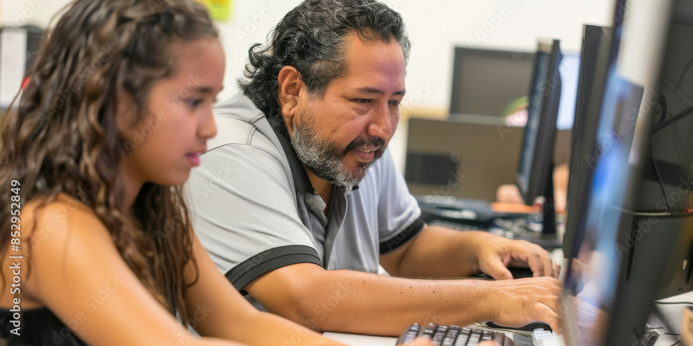 a Latino teacher helping a student with a computer project a Latino teacher helping a student with a computer project