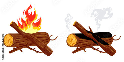 Wooden trunk extinct and fire isolated concept. Vector graphic design illustration