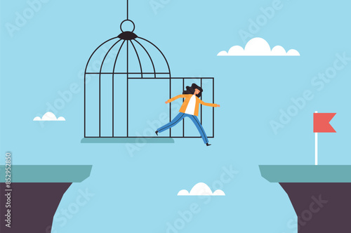 Out of comfort zone cage freedom concept. Vector design graphic illustration
