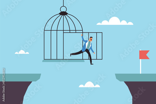Out of comfort zone cage freedom concept. Vector design graphic illustration
