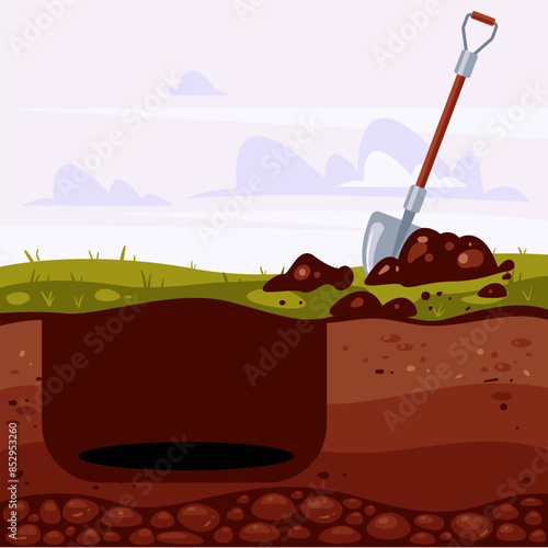 Big deep dig hole in ground soil concept. Vector graphic design element illustration
