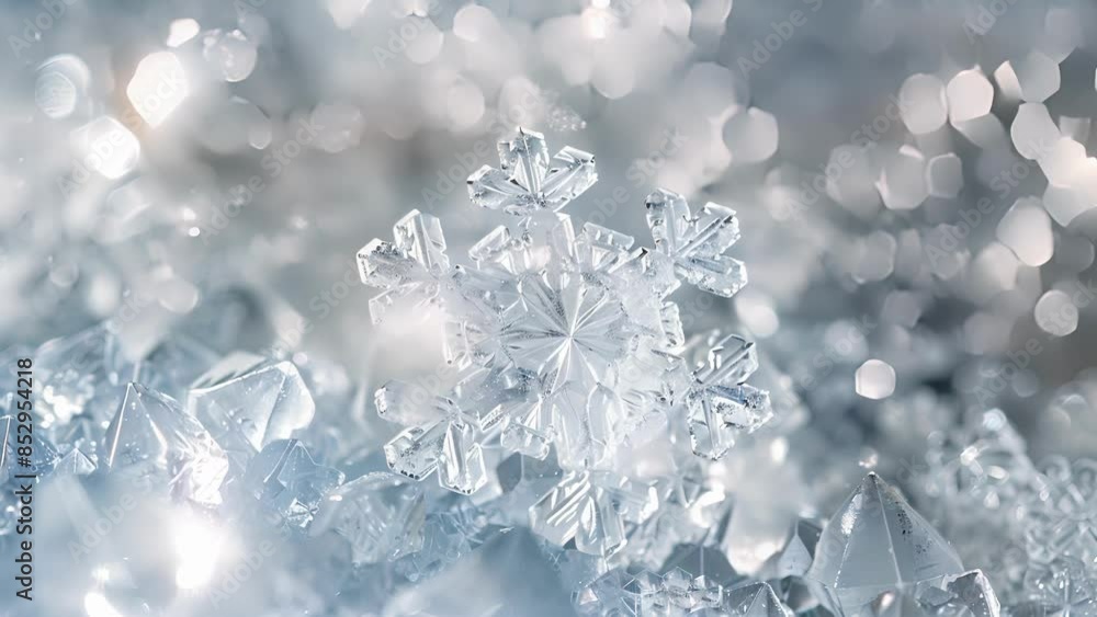 A detailed view of loosely formed salt crystals resembling tiny frozen snowflakes that glisten under the light. A detailed view of loosely formed salt crystals resembling tiny frozen snowflakes that glisten under the light.