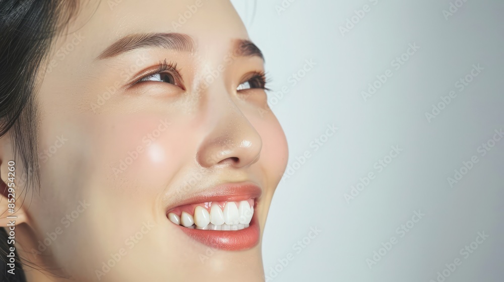 Close-Up of Young Asian Woman's Radiant Smile, Emphasizing Perfect White Teeth on Clean White Background Close-Up of Young Asian Woman's Radiant Smile, Emphasizing Perfect White Teeth on Clean White Background