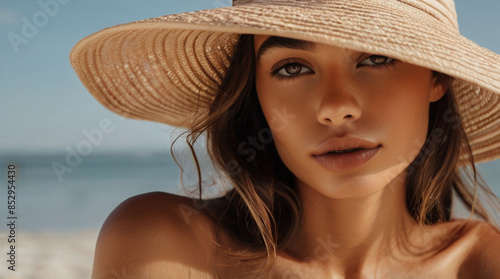 Close up portrait of beautiful young woman in 20s wearing straw hat in the beach