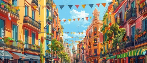 Eye-level angle, vibrant streets of Festa Major de Gracia, colorful, intricate decorations, traditional Catalan costumes, festive atmosphere, oil painting style