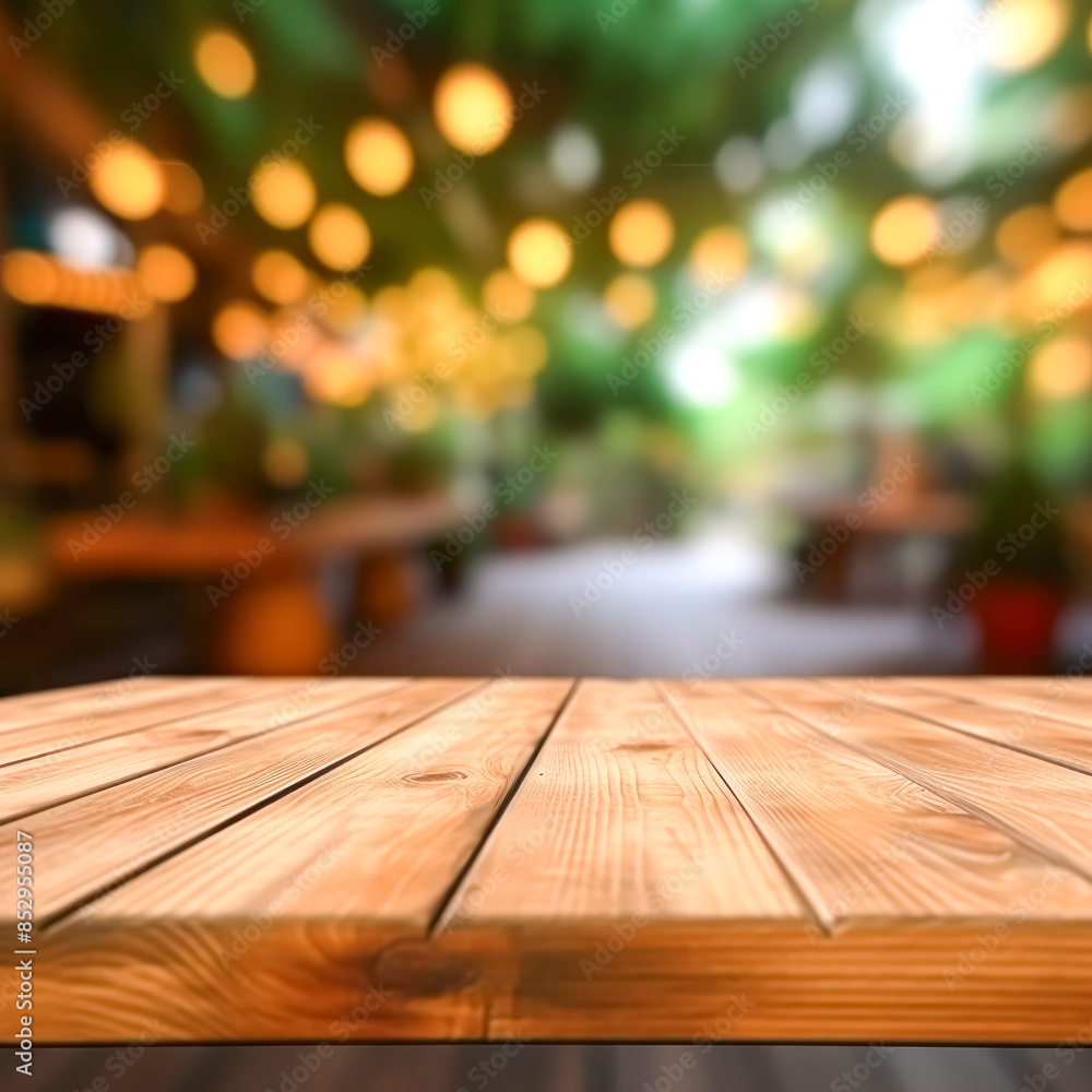 A wooden table with a view of a restaurant patio A wooden table with a view of a restaurant patio