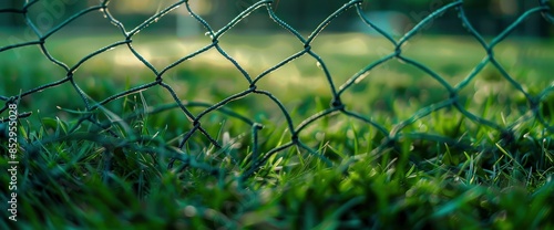 The Blurred Football Net Is In The Background Of The Green Grass