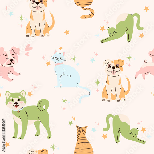Cute seamless pattern with dogs and cats. Funny domestic pets, cute animals, joyful doggies and cats collection. Trendy patternfor wrapping paper, wallpaper, stickers, notebook cover.