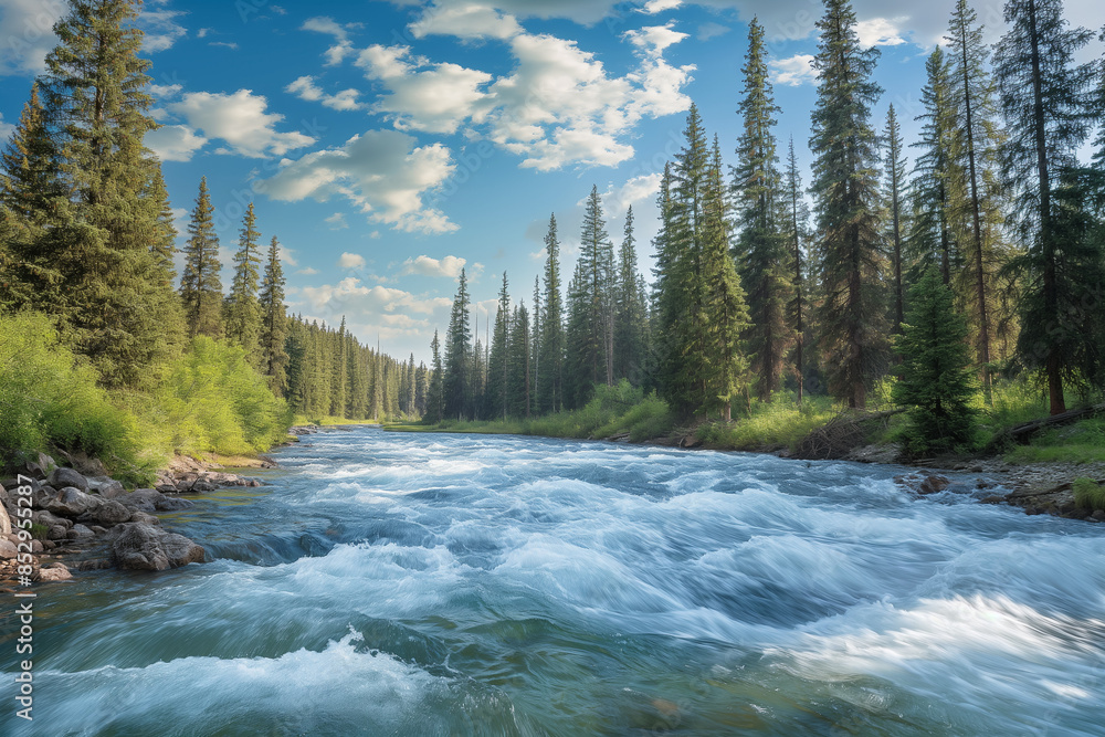 A Fast-Flowing River with White-Water Rapids, Surrounded by Towering Pine Trees, Generative AI A Fast-Flowing River with White-Water Rapids, Surrounded by Towering Pine Trees, Generative AI