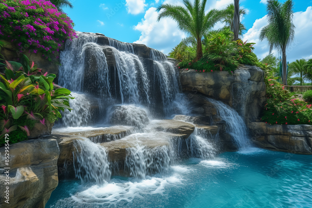Naklejka premium A picturesque water park in America with cascading waterfalls, tropical plants, and stunning water rides, Generative AI