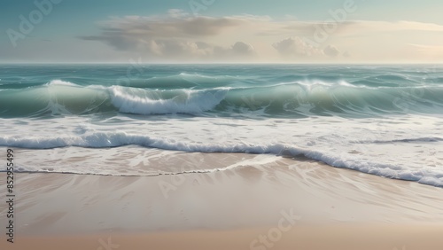 Coastal Serenity: Aqua and Beige Tones Waves On The Beach