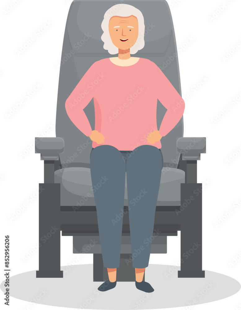 Elderly woman is settling into her airplane seat, excited for her upcoming journey Elderly woman is settling into her airplane seat, excited for her upcoming journey