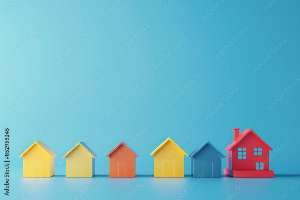 Colored miniature houses on blue background. Concept of investing in real estate. Searching new house for purchase Colored miniature houses on blue background. Concept of investing in real estate. Searching new house for purchase