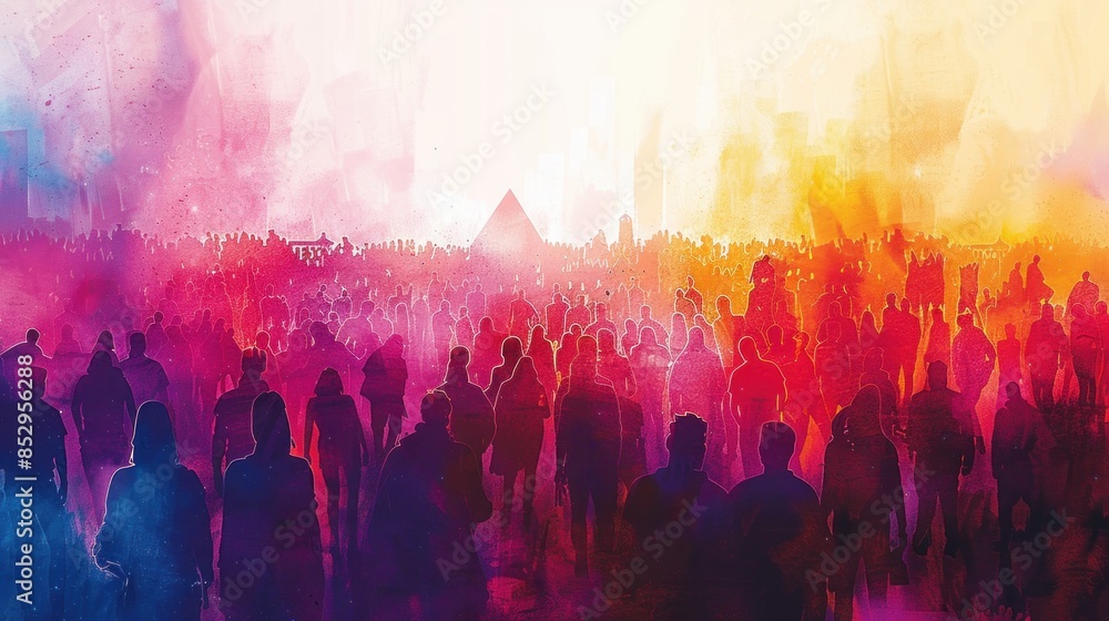 Low-angle view of Glastonbury Festival in golden hour, sea of people, iconic pyramid stage, vivid watercolor wash emphasizing the energy and diversity, filled with dynamic movement Low-angle view of Glastonbury Festival in golden hour, sea of people, iconic pyramid stage, vivid watercolor wash emphasizing the energy and diversity, filled with dynamic movement