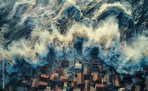 A massive storm with large waves crashing against coastal houses, showcasing the power of Earth's natural wonders.
