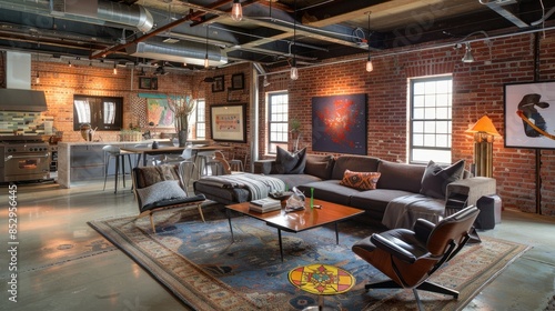 trendy urban loft with exposed brick walls, modern furniture, and artistic touches AI generated