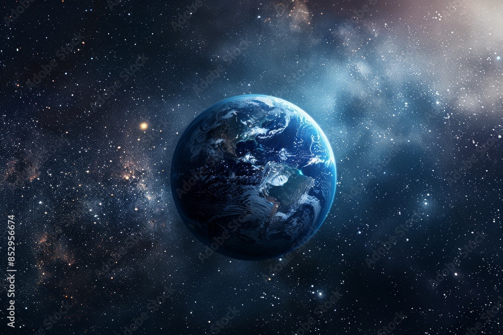 Fototapeta premium Close up of earth in space with stars high quality image of blue planet against starry background