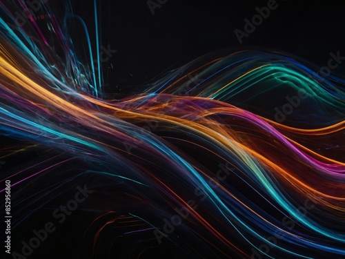 Abstract futuristic background with diverse colored wave lines on black, digital concept. photo