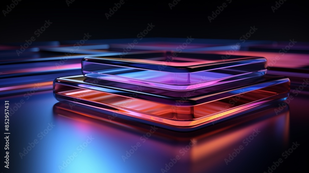Abstract Geometric Glass Layers with Colorful Reflections and Neon Lights Abstract Geometric Glass Layers with Colorful Reflections and Neon Lights