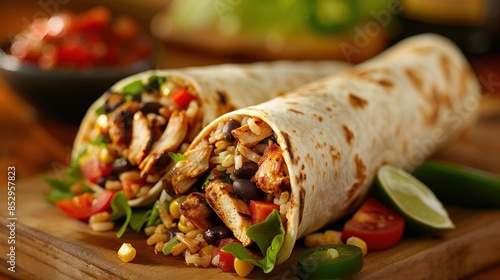 A hearty burrito, wrapped in a warm flour tortilla and stuffed with tender grilled chicken, flavorful rice, creamy black beans, crisp lettuce, juicy tomatoes, 