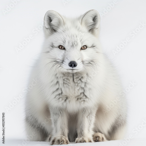 Majestic portrait of an Arctic Fox in its winter coat, sitting alert in a pristine white snowy environment
