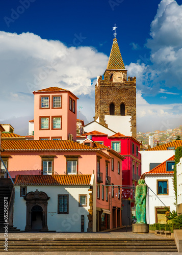 Obraz na płótnie View of Funchal street and Catholic Cathedral in the historical center. Madeira Island, Portugal w salonie