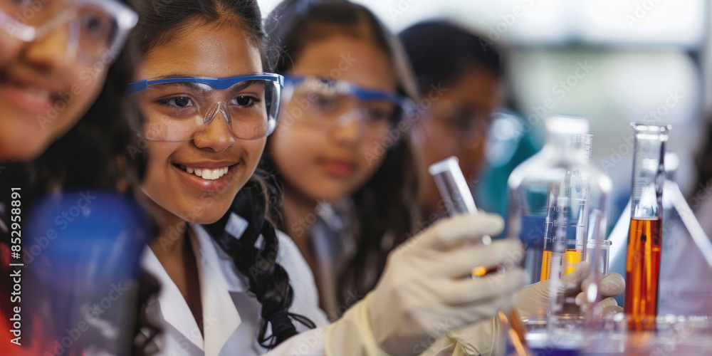 Latino students conducting experiments in chemistry class Latino students conducting experiments in chemistry class