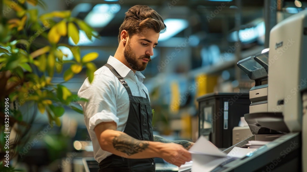 A PHOTOCOPY WORKER RUNNING A MACHINE IN AN OFFICE ROOM, A PHOTOCOPY WORKER RUNNING A MACHINE IN AN OFFICE ROOM,