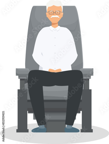 Elderly businessman with white hair and glasses is sitting patiently on a comfortable armchair