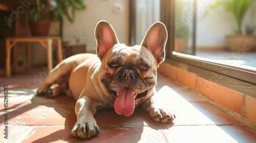Portrait of a fawn French bulldog lying by the window on the tiled floor, breathing heavily and sticking out his tongue in hot weather