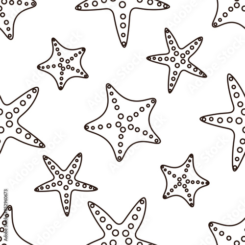 Vector seamless pattern with outline starfish on white background. Summer illustration for textile, fabric, wrapping paper.