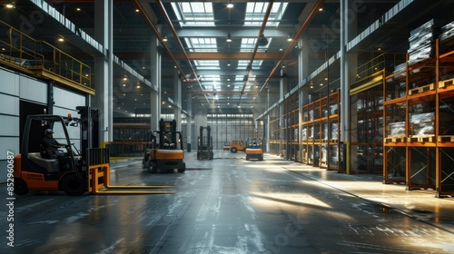 Industrial Warehouse with Forklifts in Action AI generated