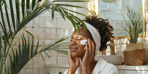 a Black woman doing a morning skincare routine with natural products in a stylish bathroom photo