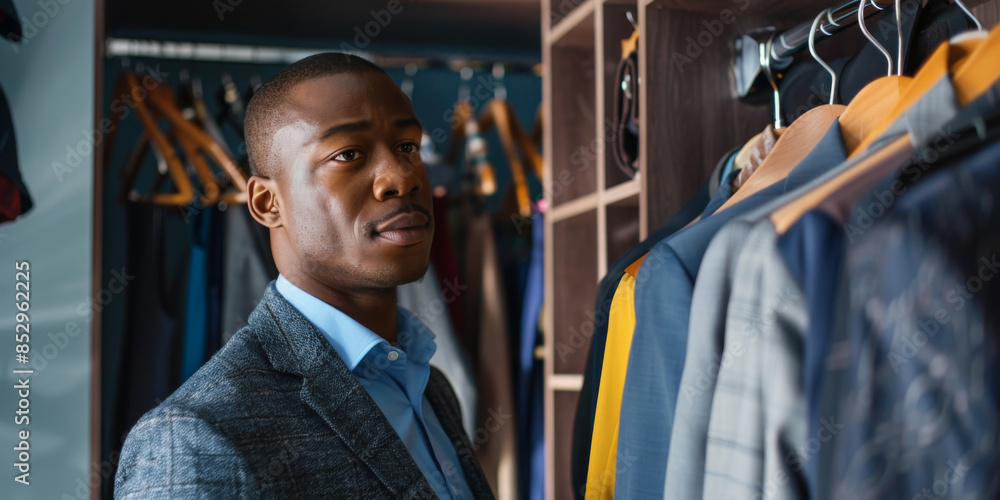 Fototapeta premium an African American man preparing his outfit for the day, hanging clothes in a stylish wardrobe