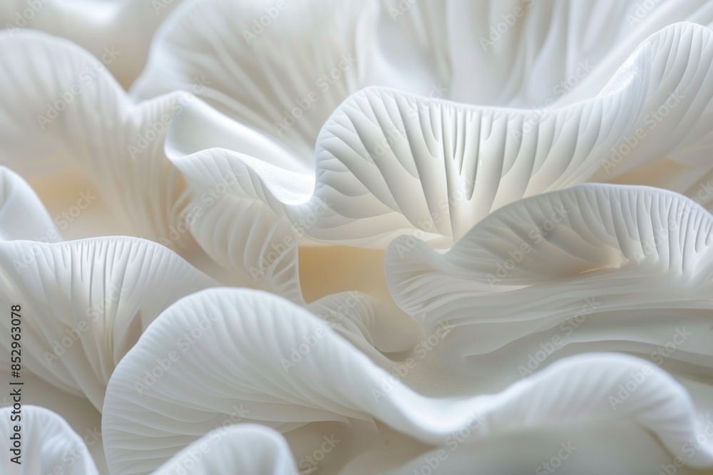 Close up of enchanting white mushroom with large petals on top in a magical forest setting Close up of enchanting white mushroom with large petals on top in a magical forest setting