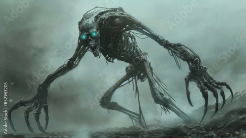 Sinister skeletal monster with glowing blue eyes, creating a nightmarish scene

 photo