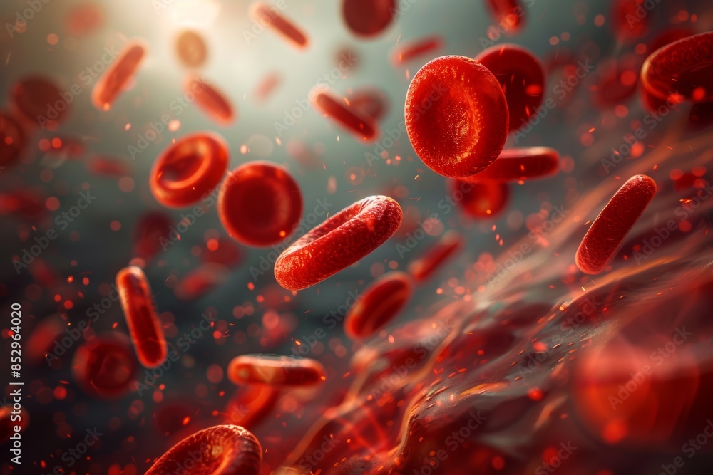 Close-up view of red blood cells flowing steadily through veins, highlighting their role in distributing nutrients and removing waste. Close-up view of red blood cells flowing steadily through veins, highlighting their role in distributing nutrients and removing waste.